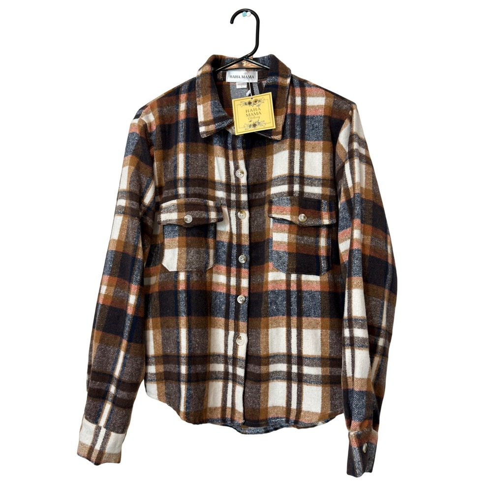 Haha Mama‎ Plaid Shacket Womens Size L Brown NWT Cotton Flannel Button Down
